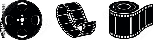 Classic cinematic film reel and strip icons representing movie production and vintage media