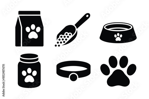 Set of pet food and accessories icons for animals.