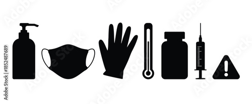 Medical supplies including hand sanitizer, face mask, gloves, thermometer, and syringe.