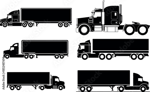 Diverse collection of heavy-duty truck and semi-trailer silhouettes for transportation concepts