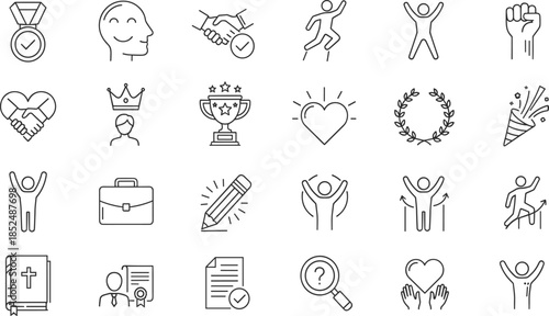 Achievement Success And Motivation Icon Set Featuring Winners Trophies, Medals, Celebrations, Teamwork Handshakes, Leadership Crowns, Personal Growth, And Career Goal Progress