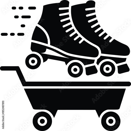 Roller skates in a shopping cart with speed lines representing fast delivery