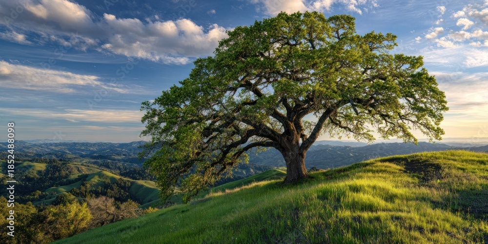 Obraz premium A majestic tree on a grassy hilltop, overlooking rolling green hills and a partly cloudy sky