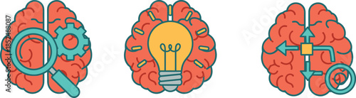 Stylized brain icons with cognitive overlays, creativity, analysis, decision-making, mental process illustration, psychology concept, idea generation