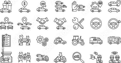 Car Service and Automotive Line Icons Set Featuring Vehicle Sales, Repair, Maintenance, Insurance, Inspection, Towing, Rental, and Transportation Solutions