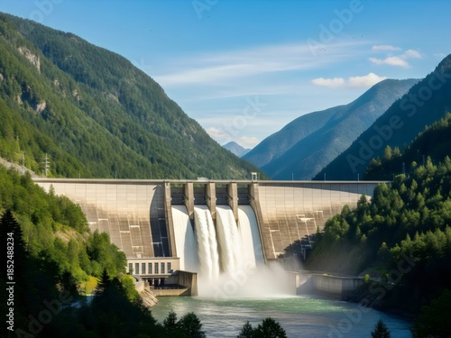 Hydroelectric Dam Power Plant Releasing Water in Mountain Valley; Concept of Renewable Energy, Hydro Power, International Day of Clean Energy, Sustainable Infrastructure and Engineering