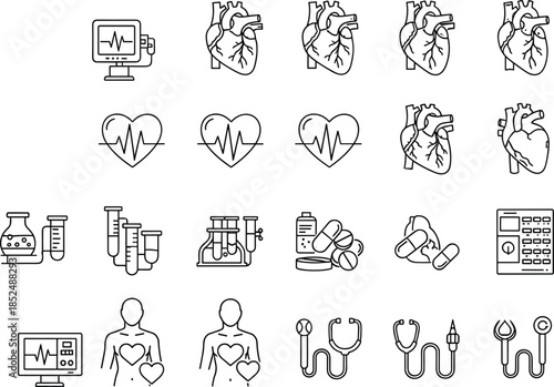 Cardiology and Heart Health Line Icons Set Featuring ECG Monitoring, Cardiac Anatomy, Medical Tests, Medication, Diagnosis, and Healthcare Treatment Symbols