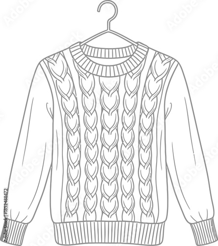 Outline drawing of a cable knit sweater on a hanger, winter fashion garment template for design