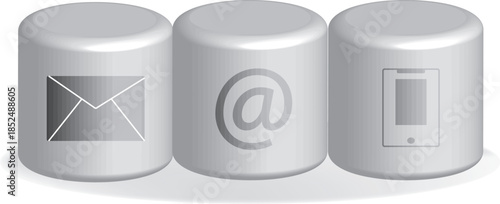 Modern grayscale illustration depicting fundamental online contact methods like mail, email, and mobile phone services on data storage units, highlighting digital connectivity