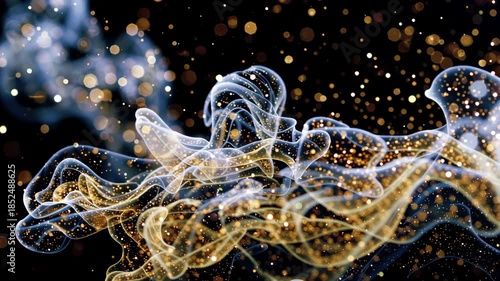 Mesmerizing Visual Effect of Abstract Clouds of Glitter in Clear Liquid Shimmering with Golden Hues, Evoking Wonder and Beauty Through Light and Texture