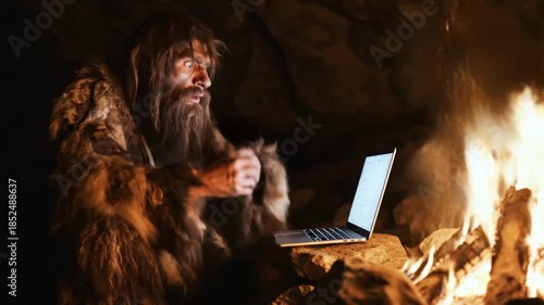 A dramatically lit, warm-toned caveman is typing on a computer inside his primitive, stone-walled prison, blending prehistoric style with modern technology.