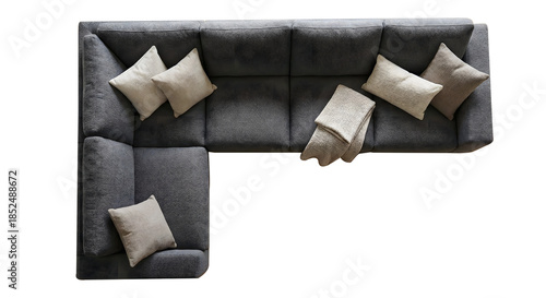 Gray sectional sofa with beige pillows isolated on a transparent background