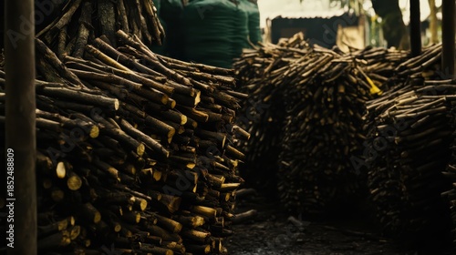 Bundled wood piles ready for processing and storage outdoors