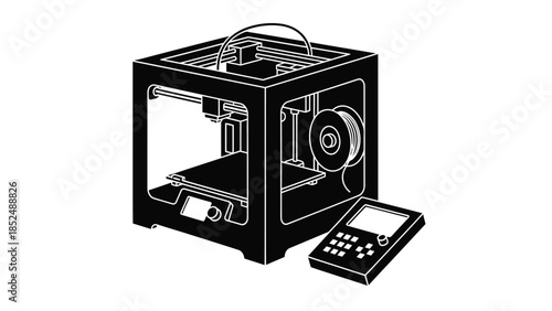 Modern 3D printer with filament spool and control panel, ready for creation.