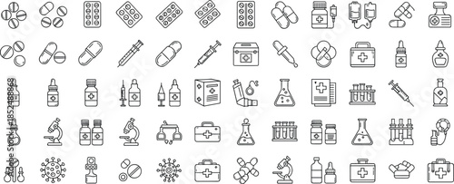 Medical and Pharmaceutical Line Icons Set Featuring Pills, Syringes, Vaccines, Laboratory Equipment, Medicine Bottles, Healthcare Treatment, and Clinical Research Symbols