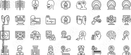 Medical Imaging and Radiology Line Icons Set Featuring X Ray, CT Scan, MRI, Diagnostics, Human Anatomy, Brain, Hospital, and Healthcare Professionals