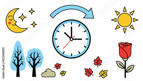 Seasonal time change illustrated with clock, sun, moon, and nature elements