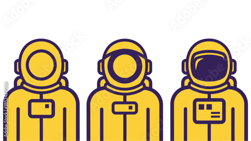 Three astronauts in yellow suits with helmets, facing forward against a white background.