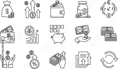 Financial Wealth Management Icon Set Featuring Money Bags, Growth Graphs, Currency Exchange, Piggy Banks, Wallets, Savings Jars, And Business Investment Symbols