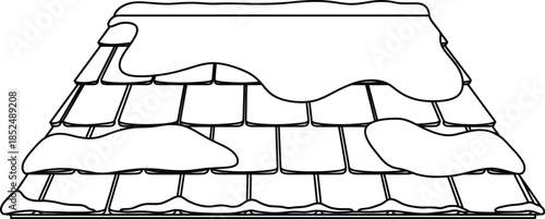 Roof with snow overlay drawing, winter season architectural outline, icy house top protection element