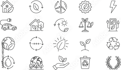 Minimal renewable energy and sustainability line icons set for eco living, green technology, recycling systems, and environmental protection design