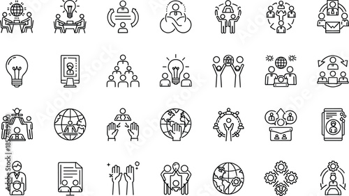 Minimal teamwork, collaboration, and leadership line icons set for global cooperation, community building, brainstorming, and organizational management design