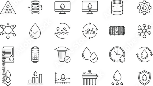 Minimal water management line icons set for purification, recycling, monitoring, filtration systems, sustainability dashboards, environmental engineering, and clean technology design