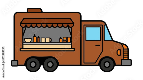 A simple brown food truck with an open serving window and awning, ready for business.