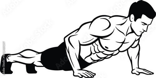 Push-up exercise, fitness pose, muscular body, workout form, strength training, plank position, gym icon, flat vector illustration