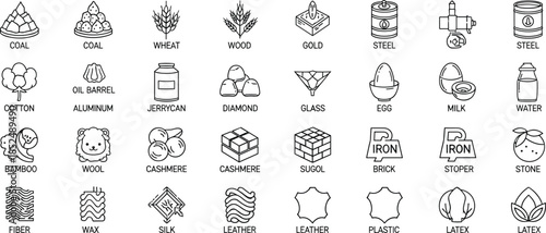 WRaw Materials and Natural Resources Line Icons Set Featuring Metals, Minerals, Agriculture Products, Textiles, Fuels, and Industrial Supply Symbols