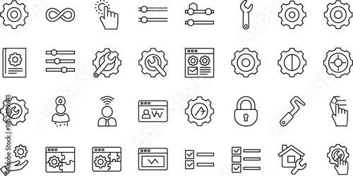 System Settings and Configuration Line Icons Set Featuring Gears, Tools, Sliders, Security, User Control, Maintenance, and Application Management Symbols