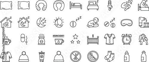 Sleep and Night Routine Line Icons Set Featuring Bedtime, Rest, Insomnia Care, Aromatherapy, Baby Sleep, Relaxation, and Healthy Sleeping Habits Symbols