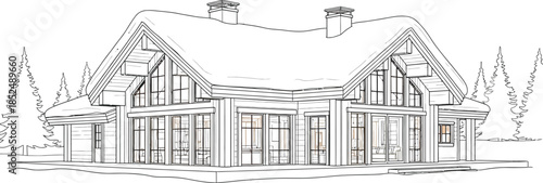 Outline drawing of a large modern log cabin home with snow covered roof and surrounding evergreen trees