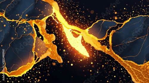 Elegant Abstract Dark Background with Glowing Gold Veins and Sparkling Particles, Creating Striking Visual Contrast and Evoking Luxury and Energy Through Vibrant Colors and Shimmering Highlights