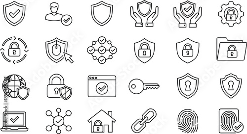 Set of cyber security icons, data protection symbols, shield, padlock, key, fingerprint recognition, secure network, privacy, online safety, and technical information (21 words)