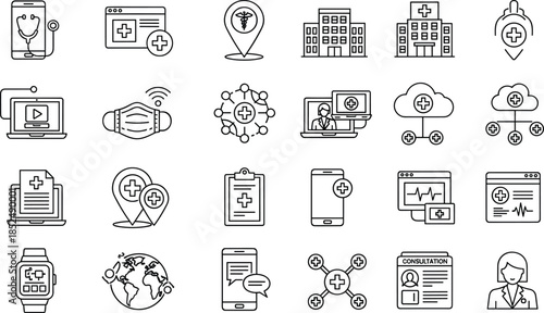 Set of digital healthcare icons, telemedicine symbols, online medical consultation, hospital building, stethoscope smartphone, cloud health, and virtual clinic vector (21 words)