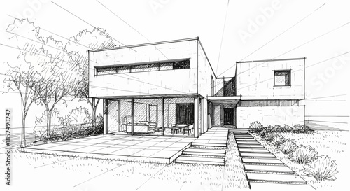 Architectural sketch of a modern twostory house with surrounding landscape