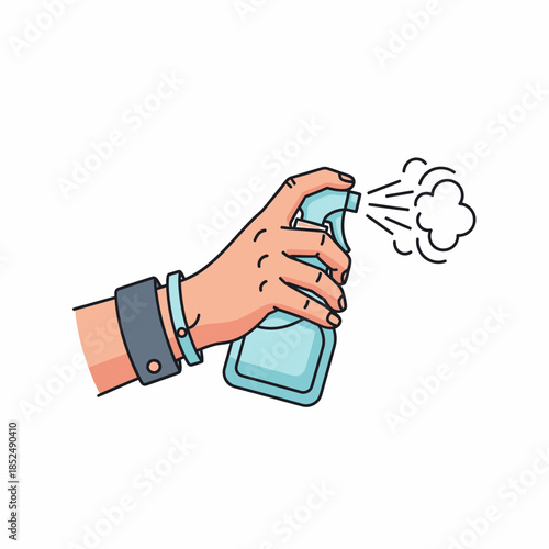 Dynamic illustration of a hand using a spray bottle, ideal for promoting hygiene, sanitization, and cleanliness efforts