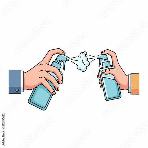 Two hands spraying disinfectant for hygiene protection, emphasizing cleanliness and health safety in daily life