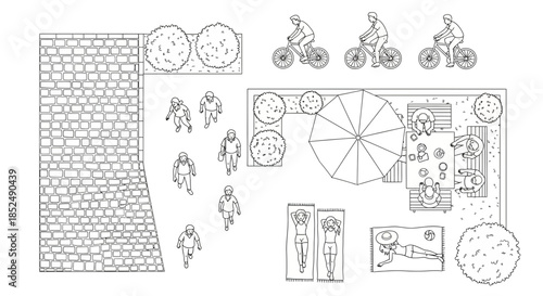 Topdown plan view elements for landscape design and outdoor activities