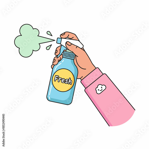 Hand holding a spray bottle labeled fresh, releasing a puff of green mist symbolizing freshness and cleanliness