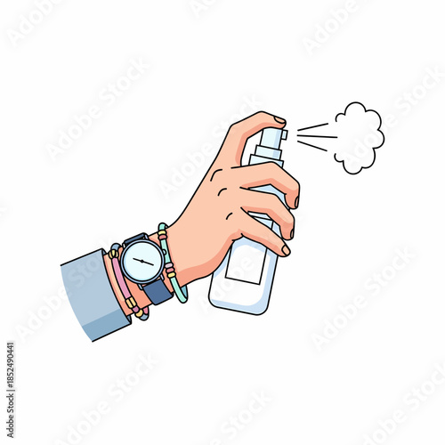 Hand holding a spray bottle, spraying a cloud of mist or vapor for hygiene or cleaning purposes