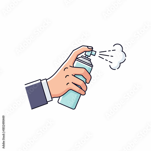 Hand holding a spray can releasing a jet of fine mist in a white background illustration