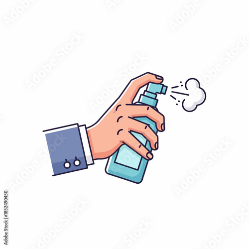 Hand holding a spray bottle and spraying disinfectant or air freshener