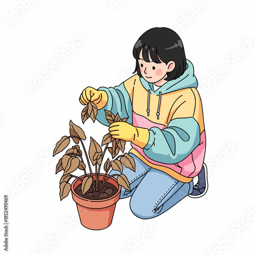 Young woman tenderly caring for a dying plant, pruning dry leaves to revive its vibrant growth
