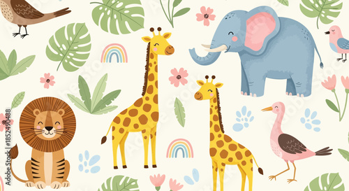 Cute cartoon safari animals and jungle foliage seamless pattern