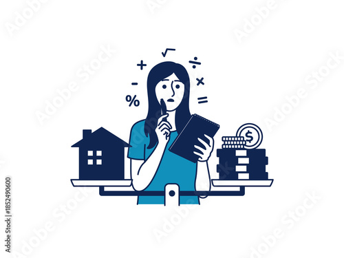 Confused woman thinking calculating money cost counting rent or buy property house apartment price