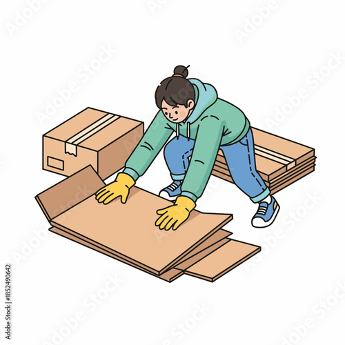 Woman in yellow gloves stacking cardboard boxes for moving or storage