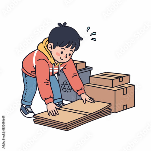 Young boy carefully folding cardboard boxes for recycling, surrounded by other packages