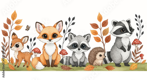 Whimsical forest animals with leaves and mushrooms